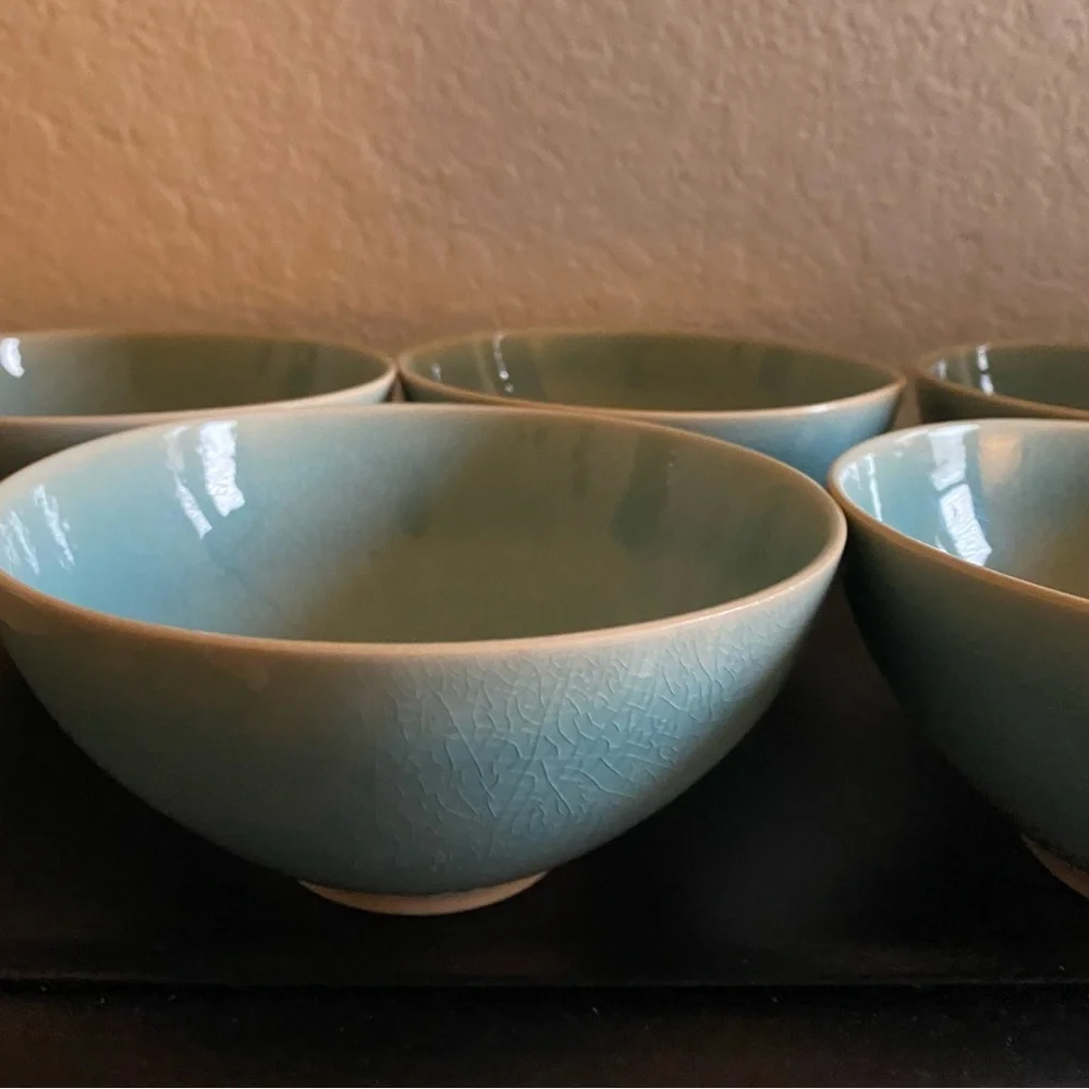 5 West Elm Light Blue Organic Alta Reactive Crackle Finish Soup Cereal Bowls